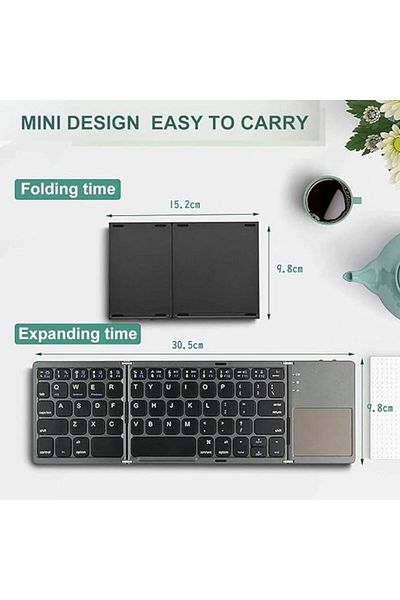 Tradeo Foldable full-size Bluetooth keyboard with touchpad and PU leather cover for iOS, Windows & travel.