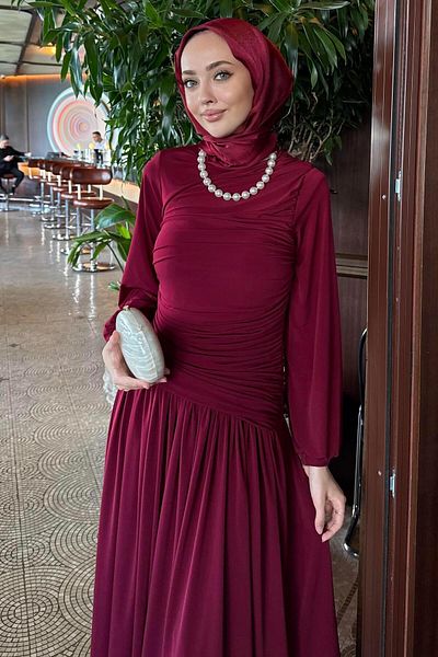 BİNAAR Drape Detailed Sandy Dress Burgundy