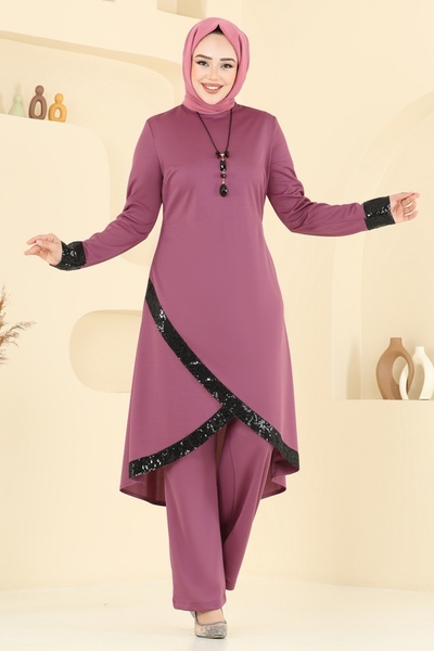 ModaMerve Kolyeli Pul Payet Takım 4559ASMK1074-MS Gül Kurusu