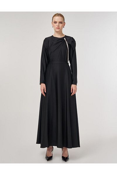 Kayra Embroidered Satin Dress Black