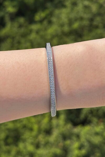 TAKIŞTIR Silver Color Stone Detailed Ysx Handcuff Bracelet