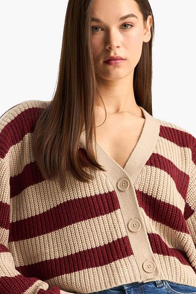 DeFacto Regular Fit V-Neck Striped Knitwear Cardigan Z8539Az25Wn