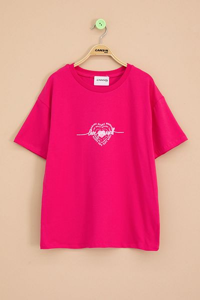 Cansın Mini Fuchsia Back Heart Printed Text Girls' Crew Neck T-Shirt 20969