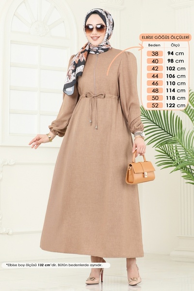 ModaMerve Beli Bağcıklı Tesettür Elbise 3050KTR750-MS Açık Kahve