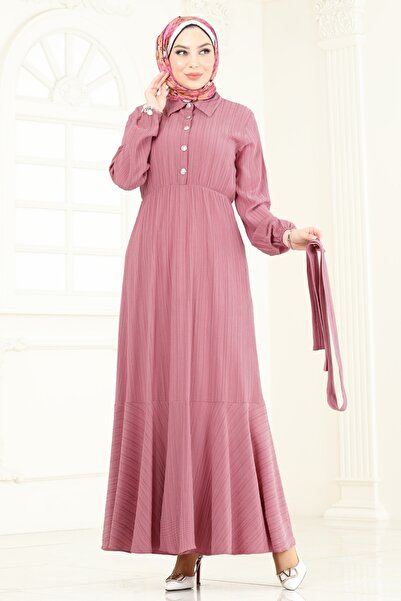 ModaMerve Eteği Fırfırlı Kemerli Elbise 2065PM271-MS Gül Kurusu