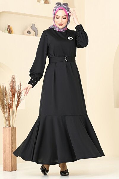 ModaMerve Kolları Taşlı Tesettür Elbise 397DVL817-MS Siyah