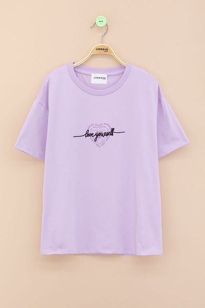 Cansın Mini Lilac Back Heart Printed Text Girl's Crew Neck T-Shirt 20971