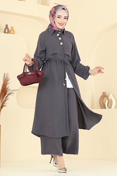 ModaMerve Elena Düğmeli Tesettür Takım 3112HBS856-MS Antrasit
