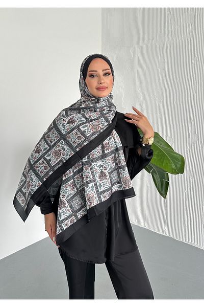 Stella Eşarp Retro Ethnic Pattern Black Color Soft Cotton Shawl