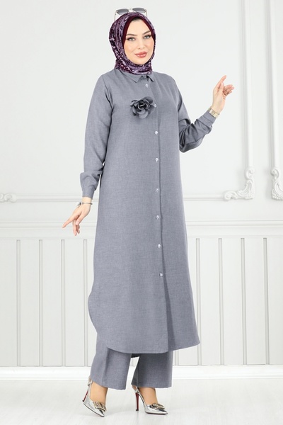 ModaMerve Flower Brooch Suit 815Ozn1046-Ms Gray
