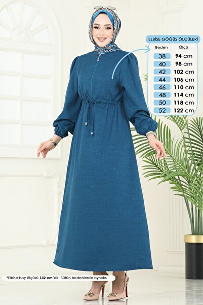 ModaMerve Beli Bağcıklı Tesettür Elbise 3050KTR750-MS Petrol