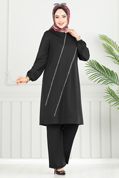 ModaMerve Önü Taşlı Tesettür Takım 427DVL817-MS Siyah