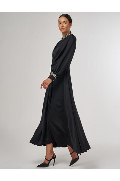 Kayra Draped Embroidered Satin Dress Black
