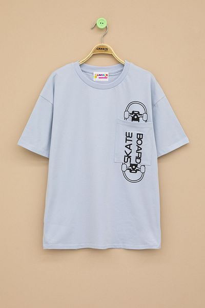 Cansın Mini Blue Skateboard Printed Pocket Boys Crew Neck T-Shirt 20911