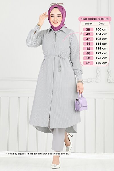 ModaMerve Beli Bağcıklı Çizgili Tunik 3106HBS856-MS Siyah