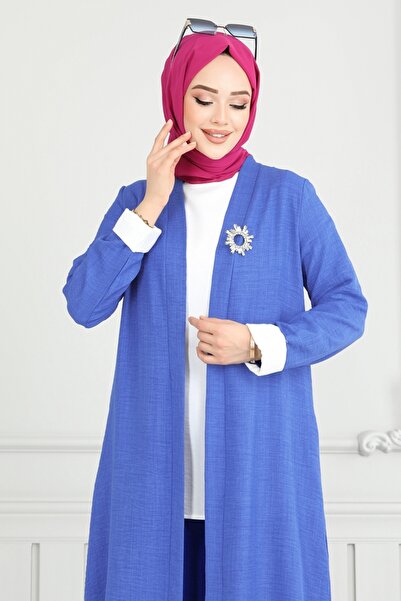 ModaMerve Yandan Yırtmaçlı Üçlü Takım 1774LVN1041-MS İndigo