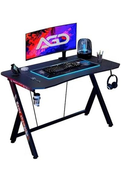 AGD Z-shaped Gaming Table, Carbon Fiber Home Computer Desk with Headphone Hook and Cup Holder, 120 c