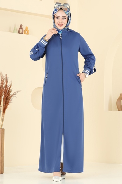 ModaMerve Kapşonlu Garni Detay Pardesü Ferace 391DVL817-MS İndigo