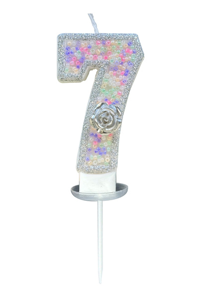 L&Wen شموع كعكة زهرة فضية بيضاء رقم 7 مقاس 7 سم، شمعة رقم من الخرز الملون