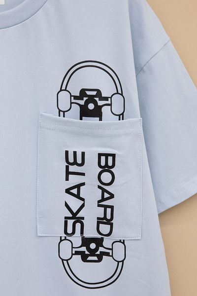 Cansın Mini Blue Skateboard Printed Pocket Boys Crew Neck T-Shirt 20911