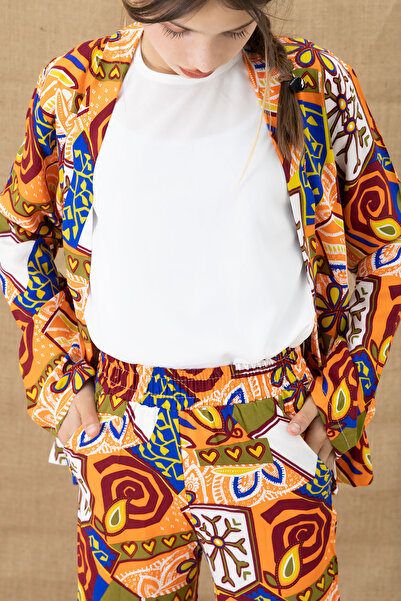 Cansın Mini Orange Patterned Kimono Blouse Girl's Trousers 3 Piece Set 20764