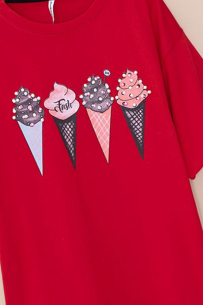 Cansın Mini Red Ice Cream Printed Stone Girl's Short Sleeve Oversize T-Shirt 20794