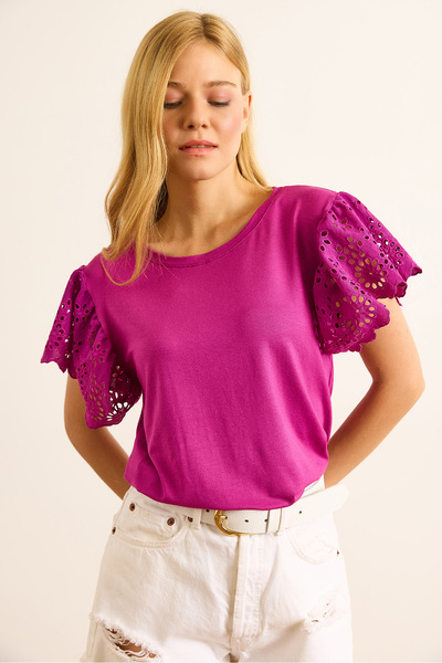 Olalook Women's Fuchsia Sleeve Scalloped Knitted Viscose Blouse Blz-19002553