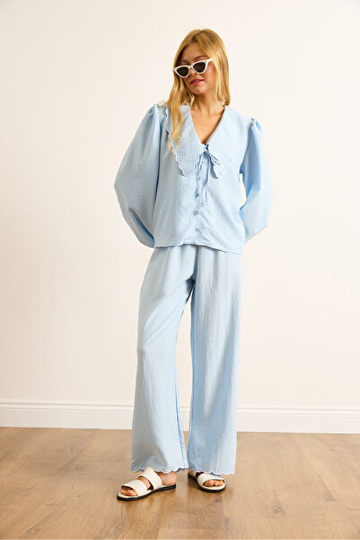 Olalook Women's Baby Blue Collar and Leg Detail 2-Piece Gingham Set Tkm-19000419