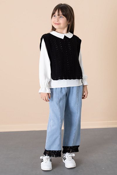 Cansın Mini Black Lace Sweater and Jean Trousers Girl's 3 Piece Set 20683