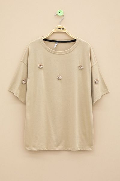 Cansın Mini Beige Rose Embroidery Detailed Short Sleeve Girl's Oversize T-Shirt 20807