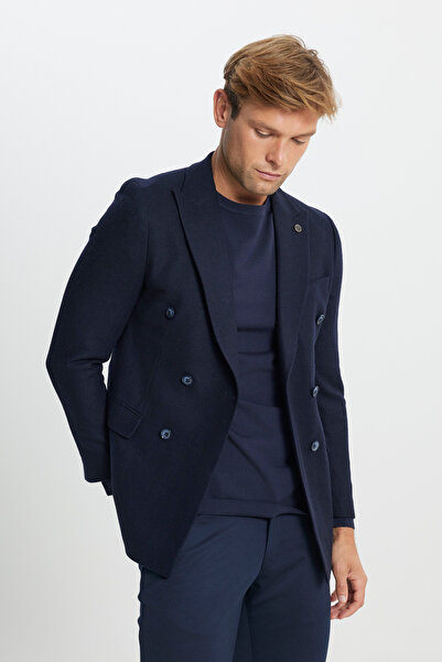 ALTINYILDIZ CLASSICS Erkek Lacivert Yünlü Slim Fit Dar Kesim Kırlangıç Yaka Kapak Cepli Blazer Ceket