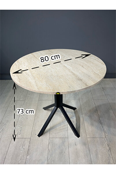 hey modüler mobilya Saray Traverten Yuvarlak Mutfak Yemek Masası Balkon Masası Metal Siyah Ayak 80 Cm