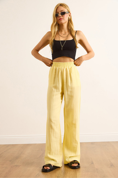 Olalook Women's Light Yellow Elastic Waist Pocket Muslin Trousers Pnt-19000279