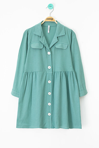 Cansın Mini Yeşil Düğme Kapamalı Kız Çocuk Kapak Detaylı Uzun Kol Elbise 20699