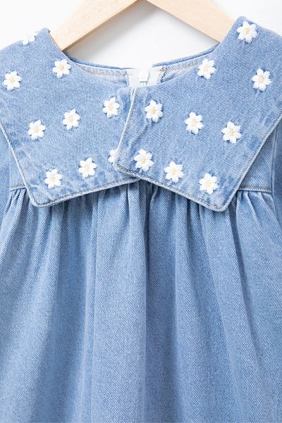 Cansın Mini Blue Collar Daisy Embroidered Long Sleeve Girl's Jean Dress 20688