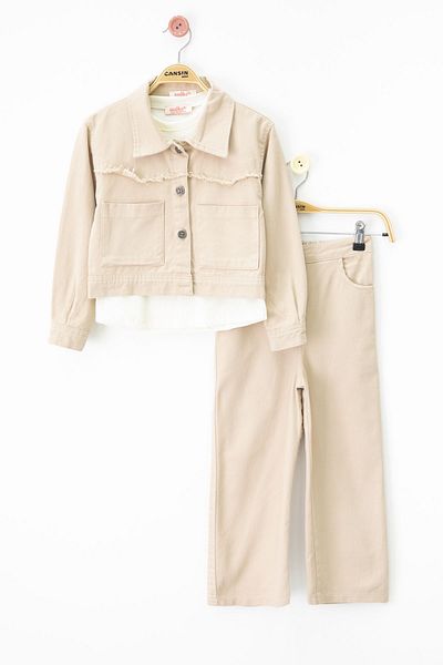 Cansın Mini Beige Tasseled Jean Jacket and Trousers Girl's Badu 3 Piece Suit 20697
