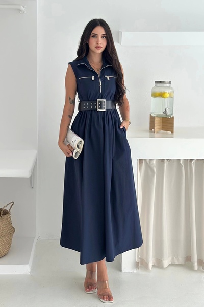 AsprinFashion Paraşüt Kumaş Kemerli Elbise Lacivert