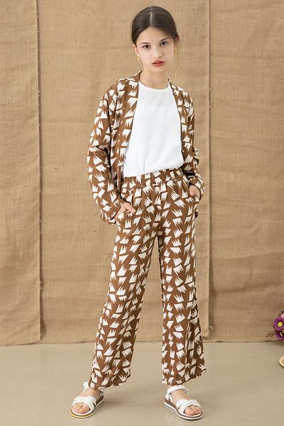 Cansın Mini Girl's 3-Piece Set with Coffee Patterned Blouse and Wide-Leg Trousers 20761