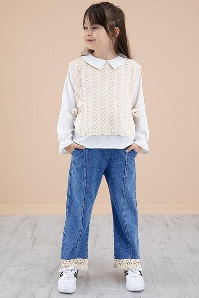 Cansın Mini Blue Jean Pants and Lace Sweater Girl's 3 Piece Set 20691