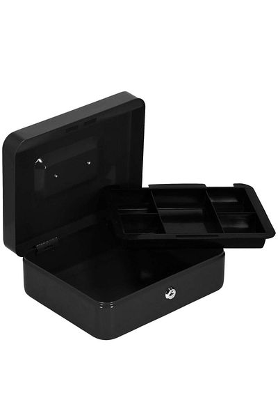 SERSIMO Safe deposit box type money box, compartmentalized, with key, metal, 30x24x9cm, black