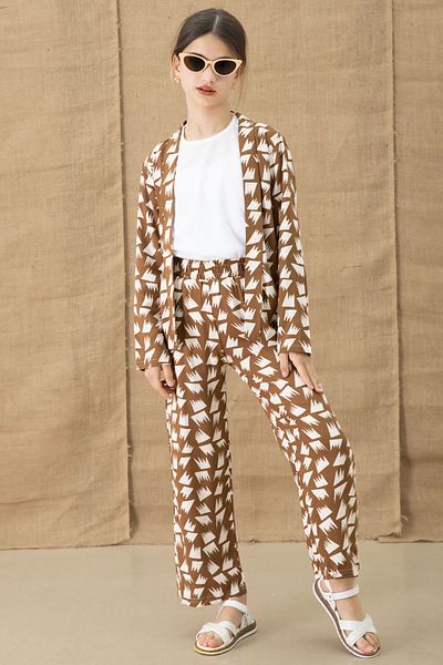 Cansın Mini Girl's 3-Piece Set with Coffee Patterned Blouse and Wide-Leg Trousers 20761