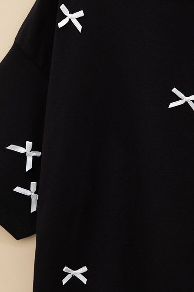 Cansın Mini Black Bow Embroidered Short Sleeve Girl's Oversize T-Shirt 20798