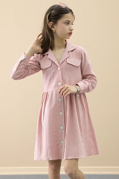 Cansın Mini Pink Button Closure Girl's Long Sleeve Dress with Cap Detail 20698