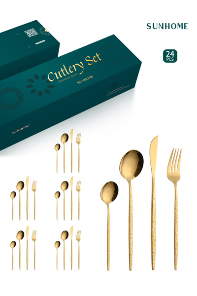 Sunhome طقم أدوات مائدة من الفولاذ المقاوم للصدأ مكون من 24 قطعة باللون الذهبي