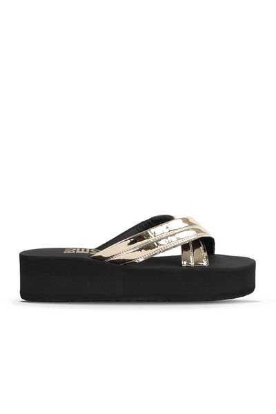 Bueno Shoes Gold Shiny Mirror Women's Wedge Heeled Slippers 26Wt614536