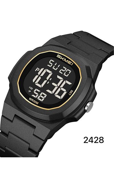 Skmei 2428 Men's Digital Sports Watch with LED Display, Gold Accent, Stopwatch, Alarm, 50M Water Res