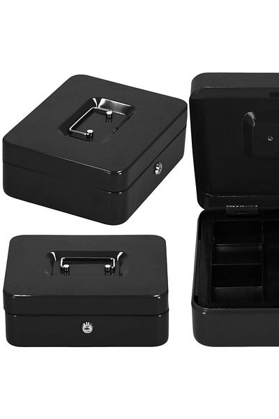 SERSIMO Safe deposit box type money box, compartmentalized, with key, metal, 30x24x9cm, black