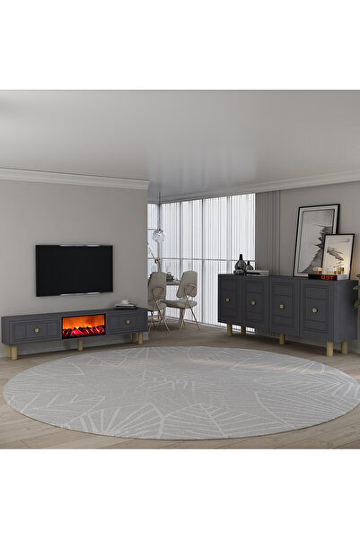 DEMONTE DECOR DARİODD BOHEM KONSOL (KB150), BOHEM ŞÖMİNELİ (A) TV SEHPASI 2 Li SALON TAKIMI ANTRASİT-ANTRASİT