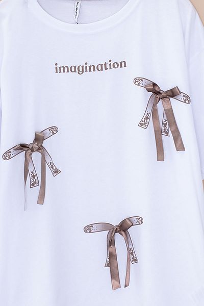 Cansın Mini Ecru Text Printed Bow Girl's Short Sleeve Oversize T-Shirt 20802