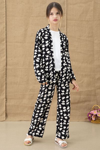 Cansın Mini Black Patterned Blouse and Wide Leg Pants Girl's 3 Piece Set 20762